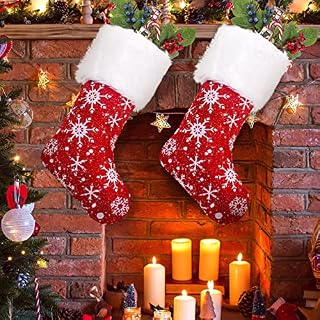 Whaline 18" Red Snowflake Christmas Stockings, Glitter Xmas Hanging Stocking with Fur Trim for Gift Holder Mantel Decoration Party Xmas Holiday Ornament (Pack of 2)