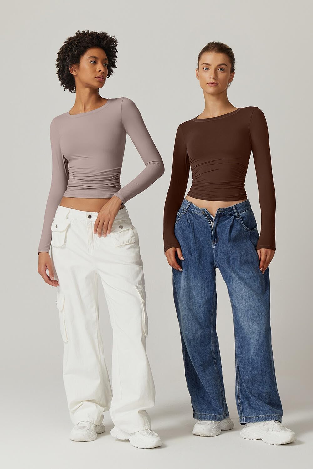 QINSEN Womens Crewneck Long Sleeve Shirt Double Lined Basic Tees Side Ruched Going Out Crop Tops - Image 7