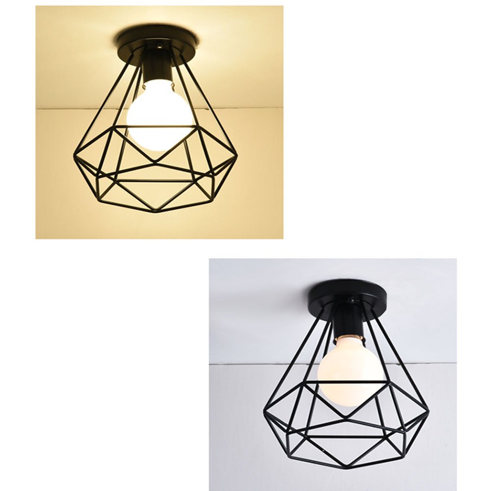 2x Vintage Plafonnnier Industrielle En Fer Métal Cage Diamant 25cm Lampe De Plafond Led Abat Jour E27 Eclairage Chambre Cuisine Salon Noir 91146376