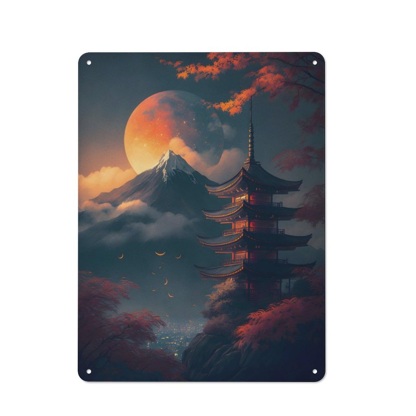 Junmoney Japanese Night Landscape Modern Vintage Office Metal Sign 40X30cm, Creative Space Decor For Home Office, Reading Corner Or Bedroom