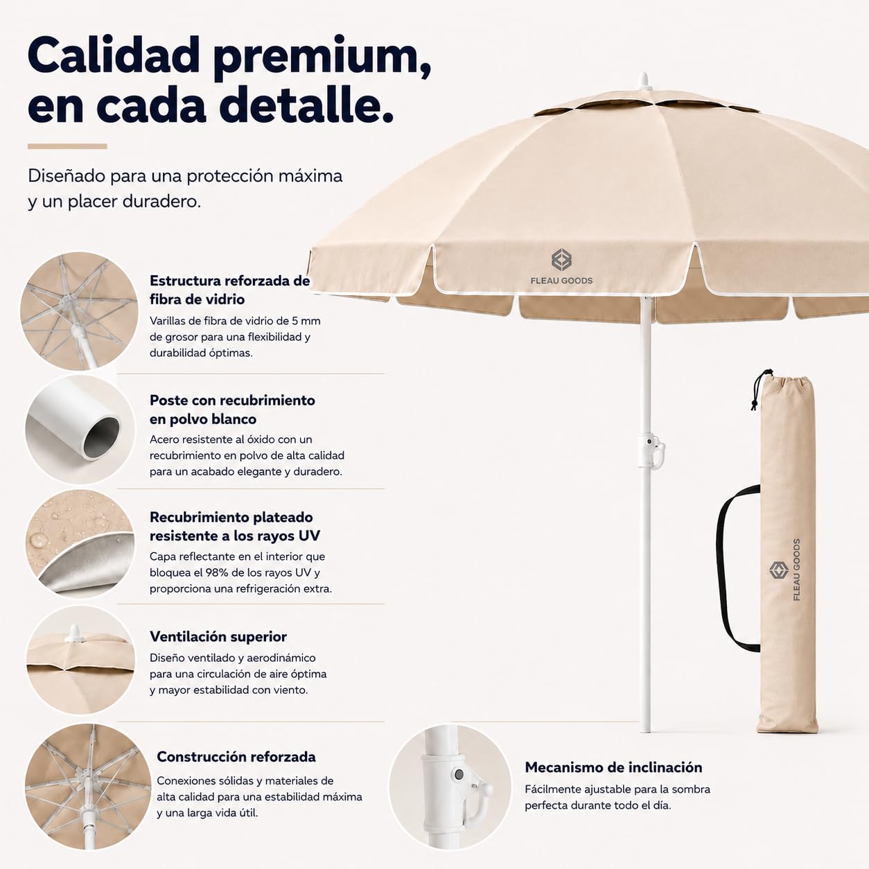 Fleau Set de playa protección solar 175 cm - Set de sombrilla - Incluye base y funda - Set de playa con esterilla de playa