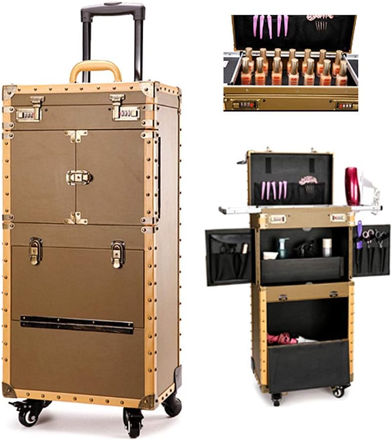 Profession Large Travel Makeup Case Retro Hair Stylist PVC+ Wooden Box Strong And Sturdy Portable Travel Large Capacity Scissors Kit 38X25x82cm,brown (brown)