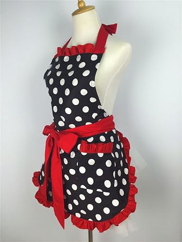 Miniatura 5 de Hyzrz Lindo delantal retro negro con lunares retro con volantes laterales, delantales de cocina vintage con bolsillos para mujeres y niñas (lado