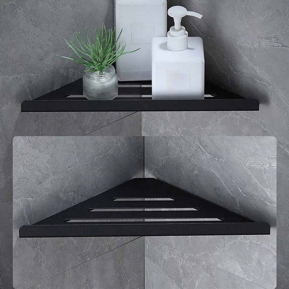 Estante de ducha esquinero de 90 grados, acero inoxidable 304, instalación sin taladro, diseño triangular para baño y cocina, color negro, ahorro de espacio