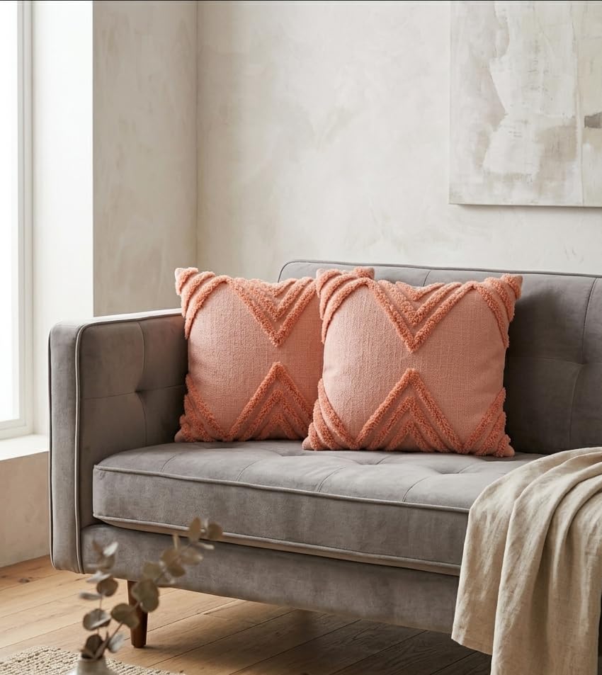 Image of Sofa Cushion Cover Cotton for Living Room Couch Soft Pillow Covers (Peach Double Diamond, 16 x 16 Inch (Pack of 2))