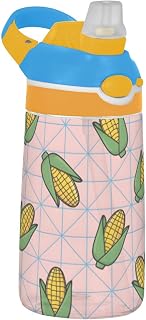 Kids Water Bottle 16OZ Cartoon Corn Pink Background Tritan Plastic Water Bottle with Straw for Boys Girls, School or Travel, Leak Proof,Blue,