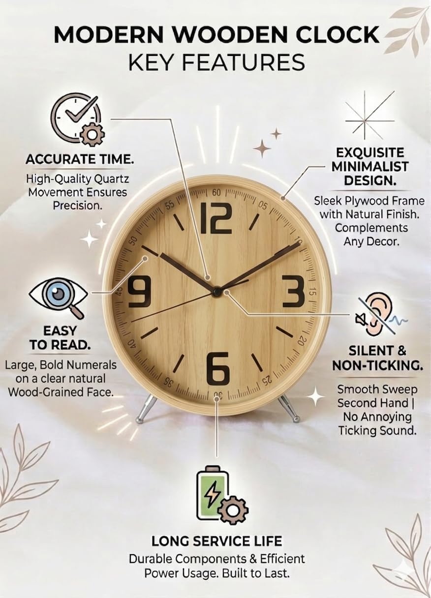 ShoppeWatch Decorative Table Top Clock for Living Room - 8.7 inch Dial Wood Frame | Modern Farmhouse Shelf Clock | Fireplace Mantel Decor | Minimalist Desk Timepiece | Silent-Non-Ticking – Quartz DK98
