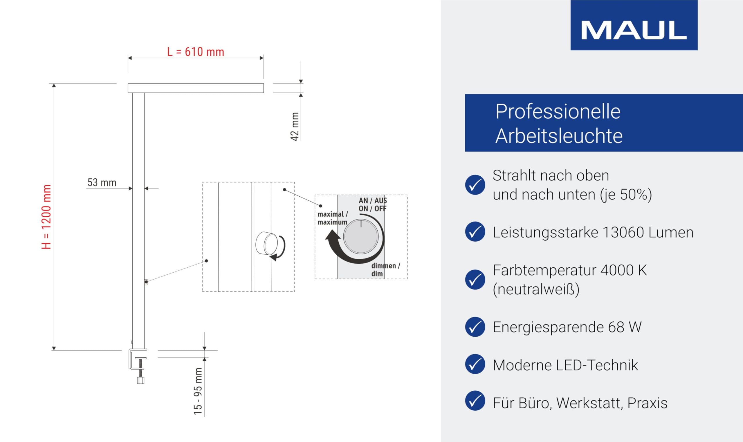 MAUL LED Schreibtischlampe MAULjaval weiß dimmbar mit Klemmfuß 120 cm | angenehmes Direkt- und Indirektlicht, stufenlose Helligkeit, blendarmes Arbeiten, sicherer Halt an Tischkanten