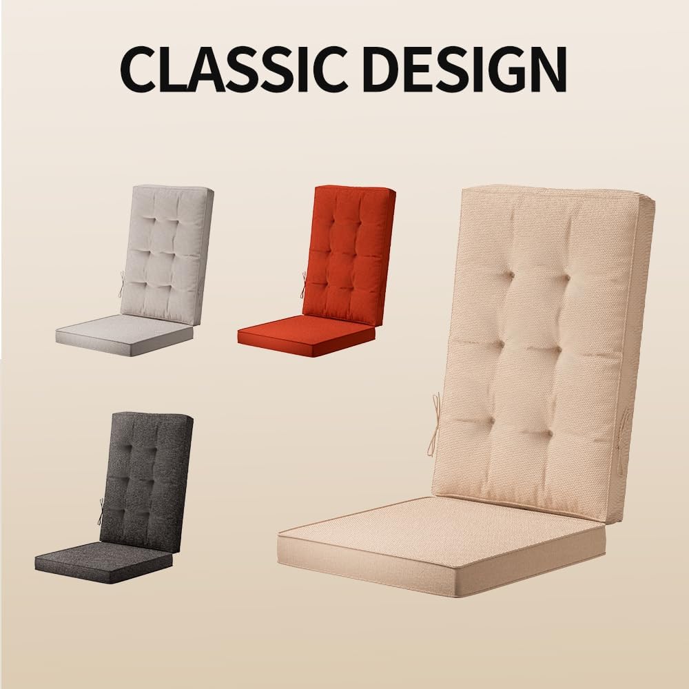 46x18 Outdoor High Back Chair Cushions | Waterproof & UV-Resistant Patio Furniture Pads | Tufted with Ties | Perfect for Dining & Rocking Chairs (Beige)