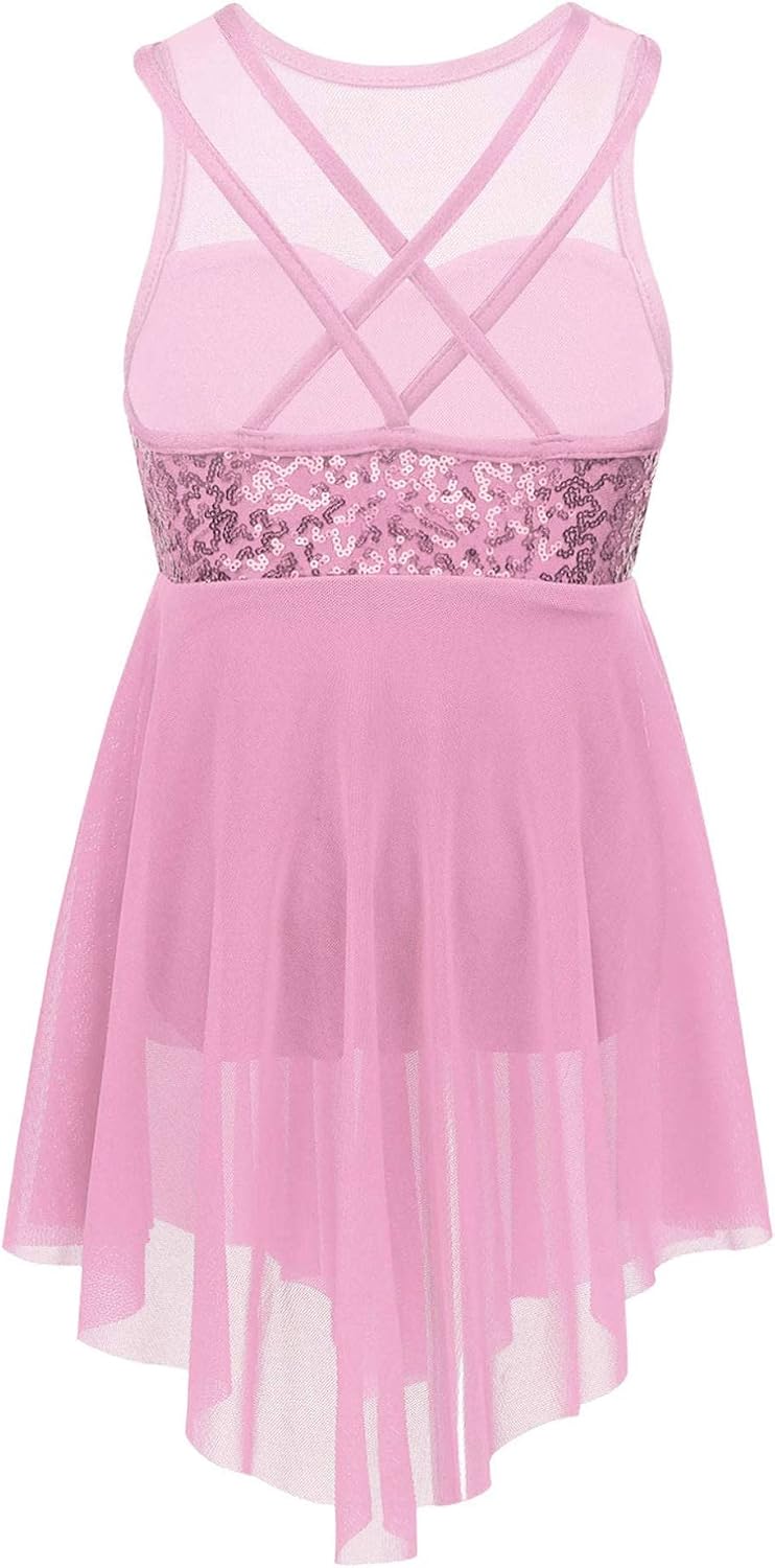 iiniim Kids Girls Modern Lyrical Dance Costumes Dress Sleeveless Sequins Criss-Cross Back Ballet Leotard Irregular Hem Dress