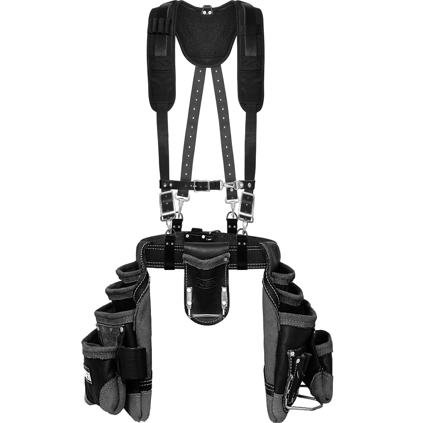 FUERI Leather Tool Belt for Men with suspender, 16 Pocket Pro Framing Combo Comes with Tools Pouches, Triple Hammer holder, Adjustable Padded Belt,