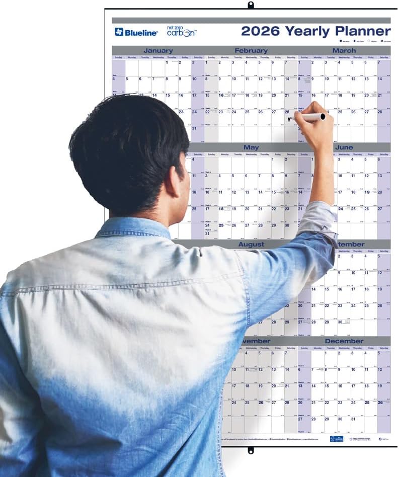 Blueline® 2026 Net Zero Carbon™ Yearly Wall Calendar and Planner, Erasable/Laminated, 12 Months, January to December, Reversible - Horizontal/Vertical, 24" x 36" (C177868-26)