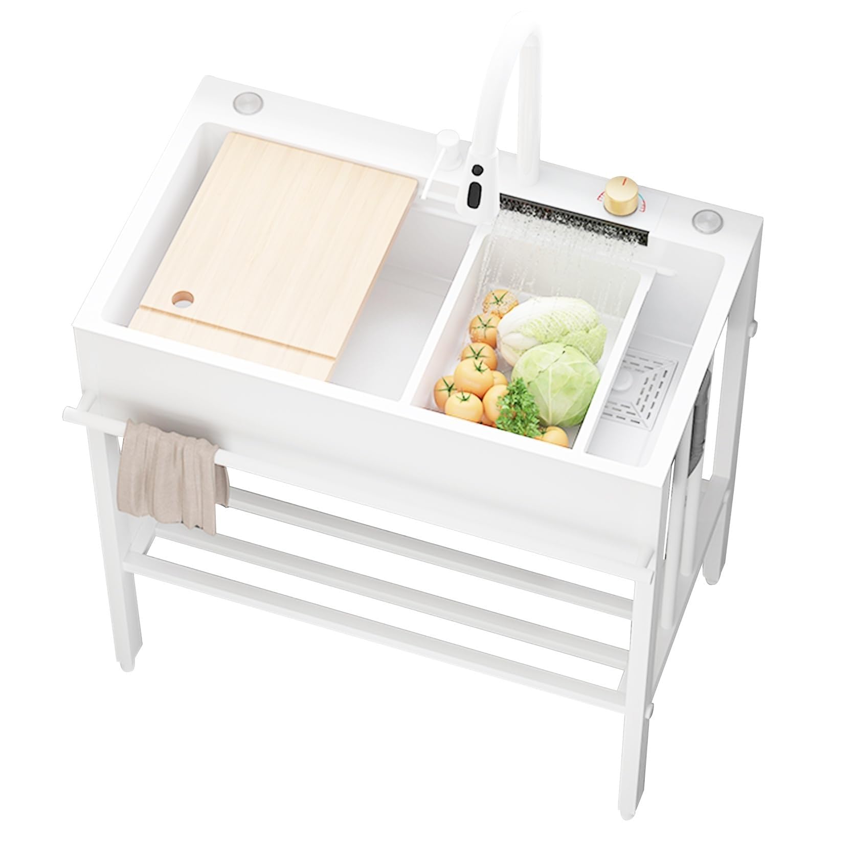 SDdPulse Free Standing Kitchen Sink Stainless Steel Sink with Tap and Storage Shelves - Nanometer Waterfall Design for Indoor/Outdoor Use, White, 68L x 45W x 75H (cm)