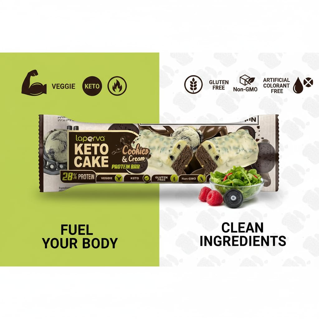 Laperva Keto Cake Barre Protéinée 28% Protéines Cookies & Cream, Snack Keto Low Carb, Végétarien, Sans Gluten, Sans Sucre Ajouté, Riche en Fibres, Non OGM, 18 Barres