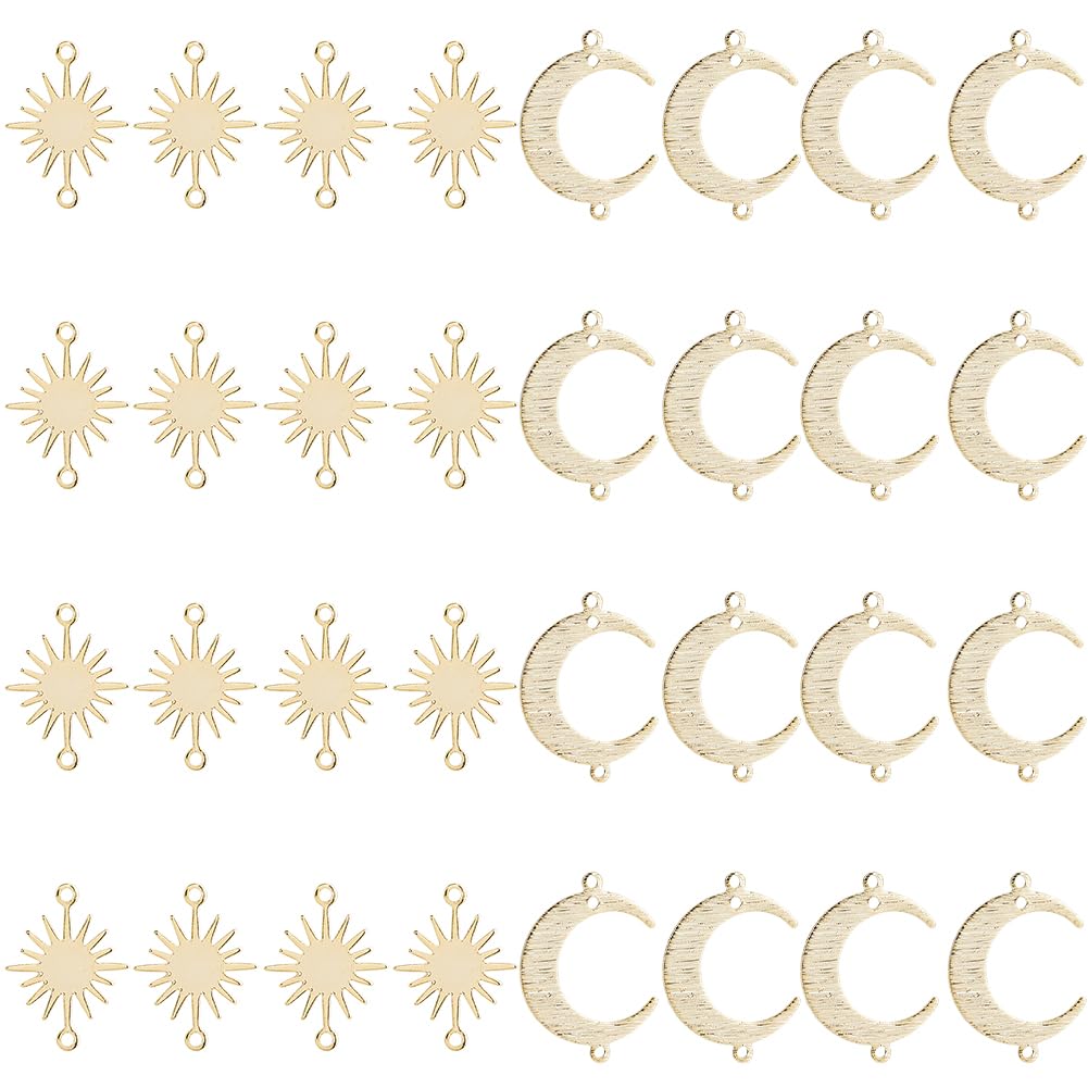 32 ciondoli in ottone con luna e sole, placcati in oro 24 carati, piccoli anelli di gioielli a mezzaluna, ciondolo nudo per gioielli, orecchini, bracciali, collane fai da te