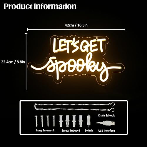 Miniatura 3 de Letreros de neón con texto en inglés "Let's Get Spooky", letrero de neón para Halloween, letras amarillas, luces de neón espeluznantes para pared,
