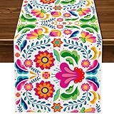 Nepnuser Mexican Cinco De Mayo Table Runner for Fiesta Dia De Los Muertos Rustic Linen Home Dining Room Kitchen Table Decorations (13' x 72', White)