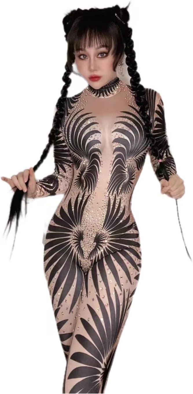 White Feather Printed Stones Tights Fitting Jumpsuit Woman Bodysuit Fashion Pole Dancing Performance Costumes