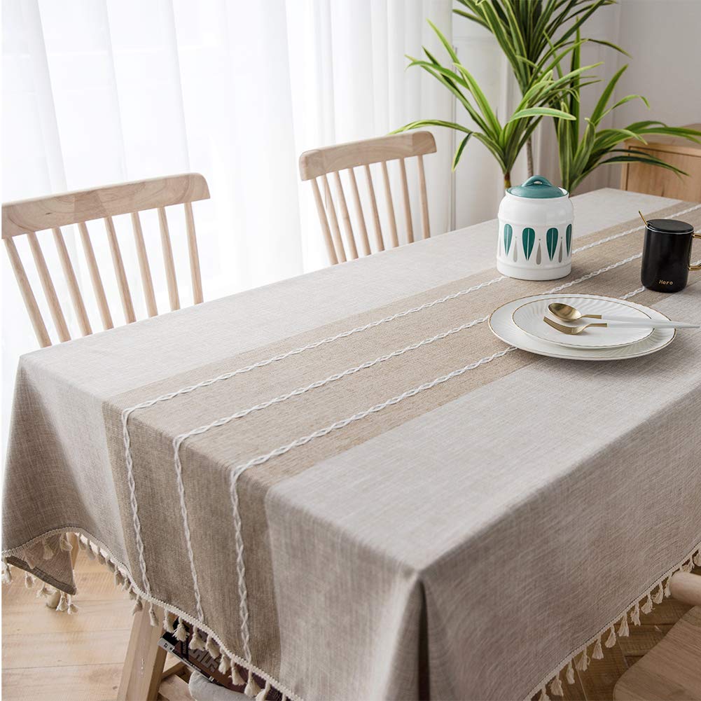 SUNBEAUTY Manteles Mesa Rectangular Antimanchas Algodon Lino con Borlas 140x200 cm Elegante Table Cloth Rectangle para Mesa de Comedor de Cocina