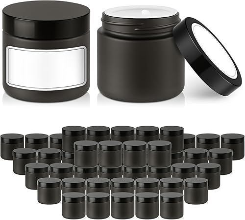 Miniatura 9 de Bumobum Tarros de vidrio de 2 onzas con tapas, paquete de 48 recipientes pequeños redondos azules con tapas negras, etiquetas en blanco