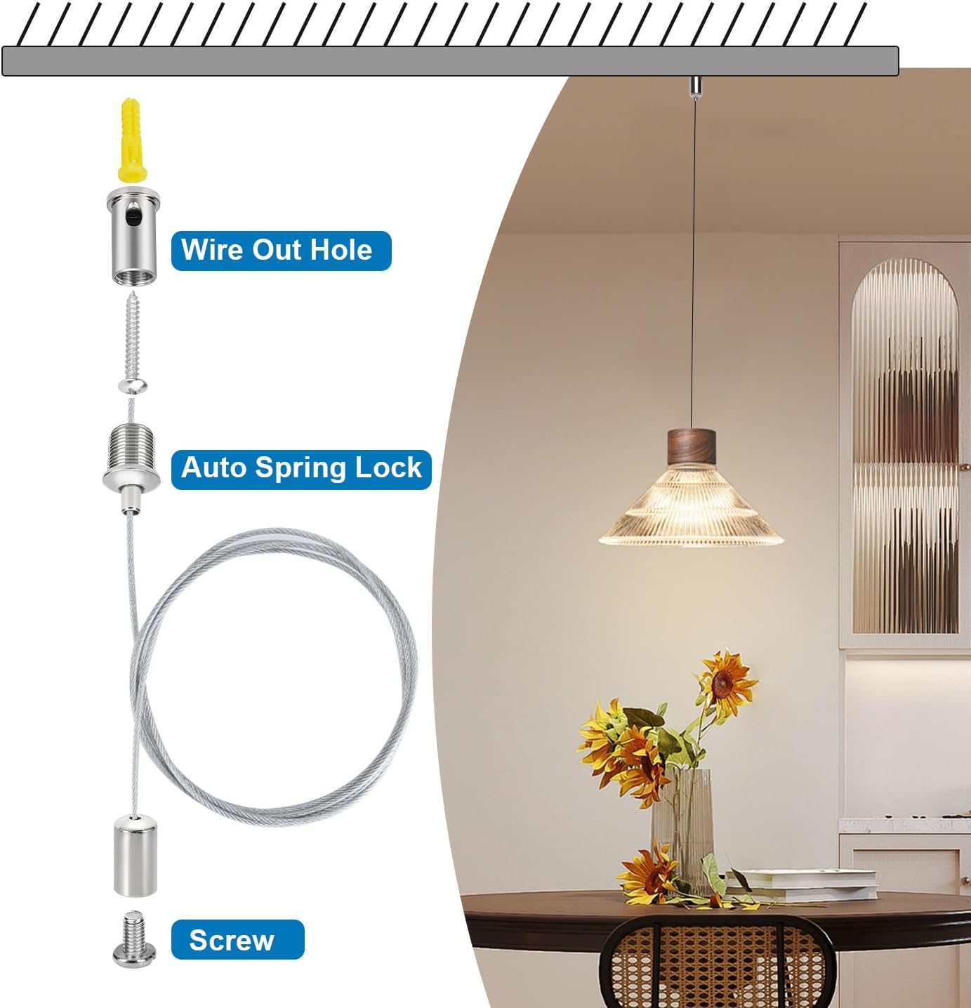 20 Sets Hexagon Light Fixture Hanging System Kit, Ceiling Hanging Wire Cable Kit, 3.28ft Aquarium Light Suspension Cables Sealed with PVC, Adjustable Hinger for Honeycomb Pendant