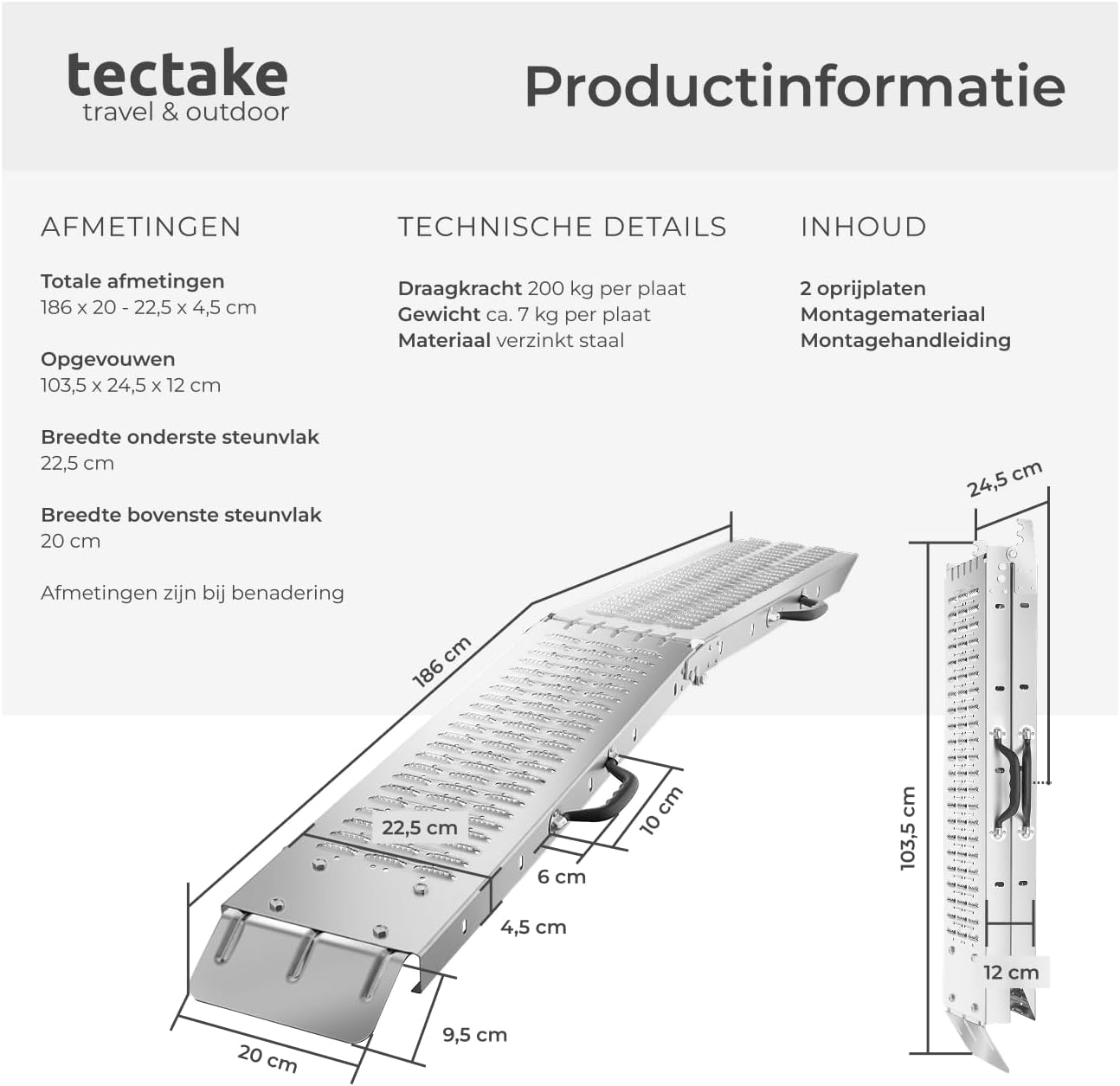 Diagram showing the dimensions of the tectake Björn folding ramp, including unfolded length, width, height, and folded dimensions.