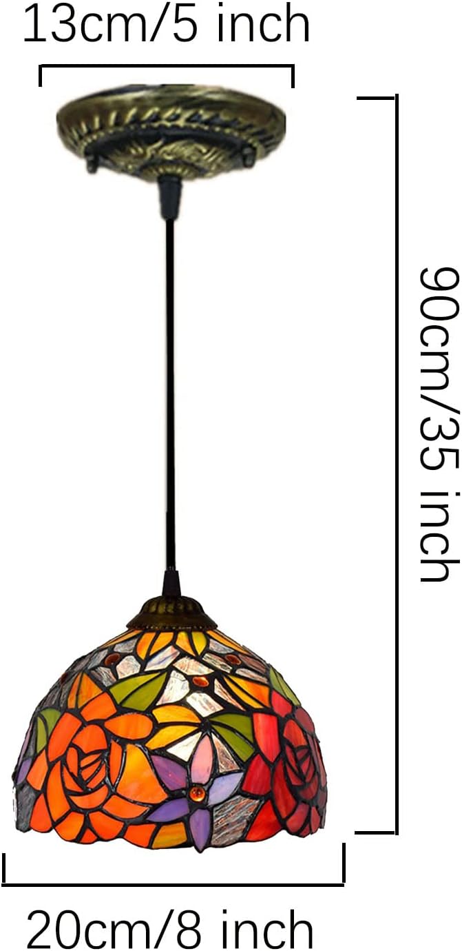Kitchen Island Tiffany Pendant Light Fixture, 8 Inch Mini Pastoral Red Yellow Orange Blue Rose Stained Glass Hanging Lamp for Bar Hallway Dining Room Bedroom Living Room