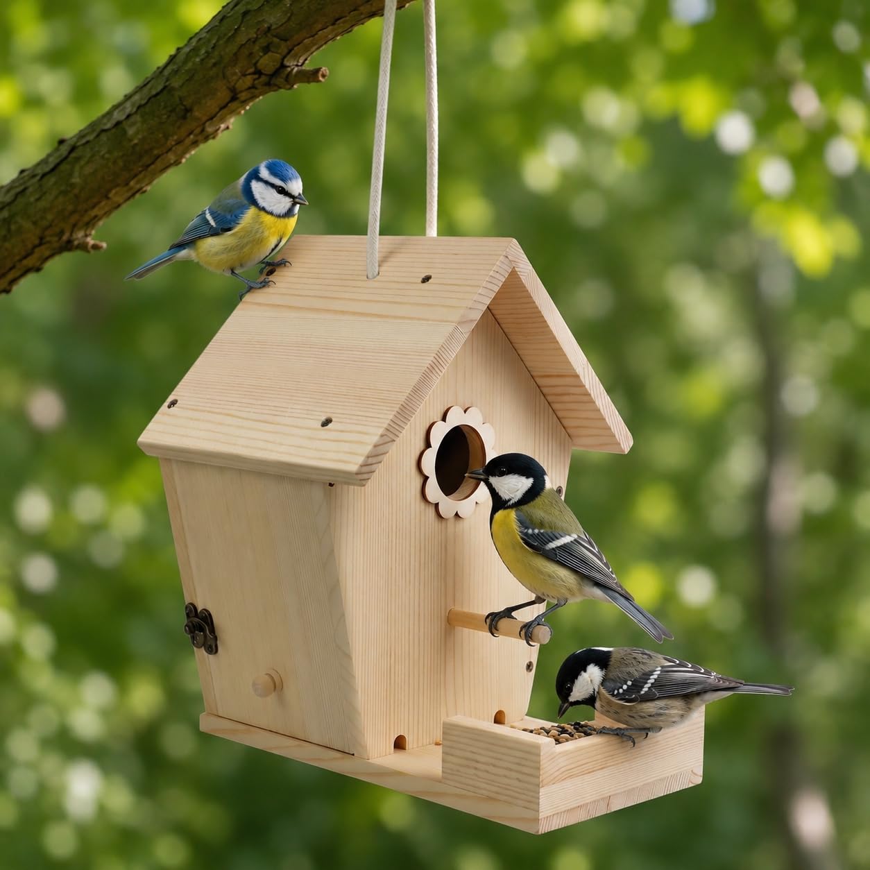 Bird House for Garden Birds, Wooden Bird Box with Feeder Tray, 35mm Bird Nesting Box for Blue Tit Great Tit & Sparrow, Hanging Bird Houses for Gardens Outdoor