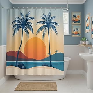 Tropical Beach Sunset Shower Curtain Hawaiian Palm Tree Mid Century Boho Ocean Scene Mountain Sea Coastal Bath Curtain Fabric Bathroom Accessories Decor with Hooks 70W x70L