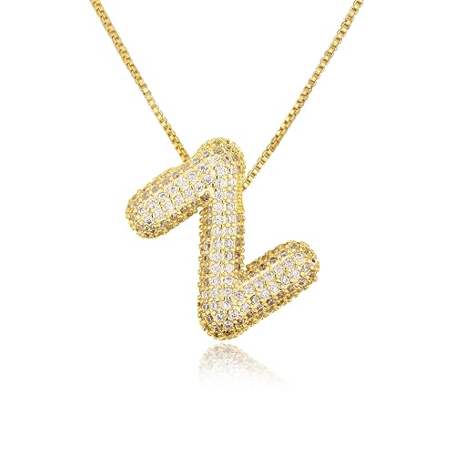 TZPI 18k Bubble Letter Necklace Gold for Women, Rhinestone Bubble Balloon Initial Necklace for Her, Charm Puff Letter Name Pendant Chunky Alphabet necklace