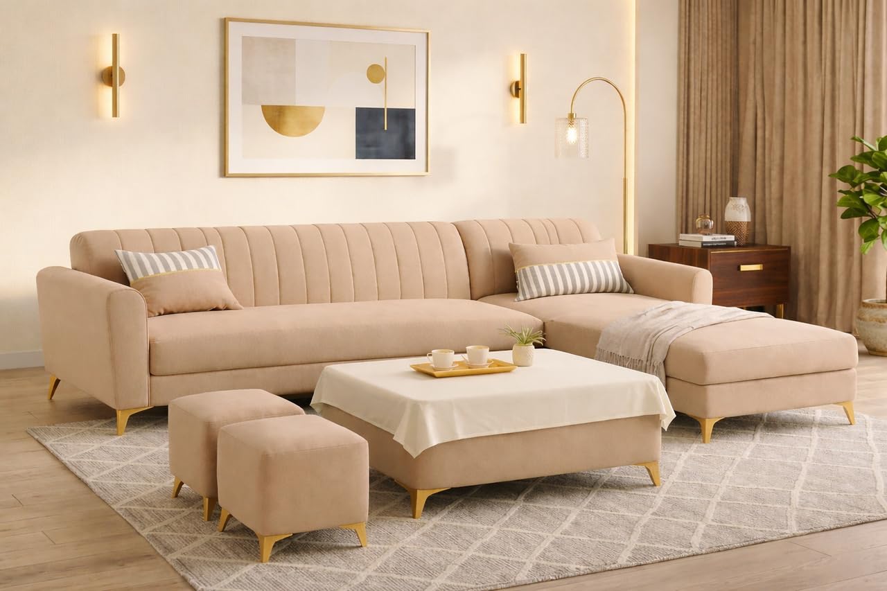Adorn India Premium Luster 8 Seater L Shape Sofa Set with 2 Puffy & 1 Center Table | Velvet Suede Fabric | 3-Year Warranty | RHS | Beige with Golden Legs & Striped Pattern Cushion
