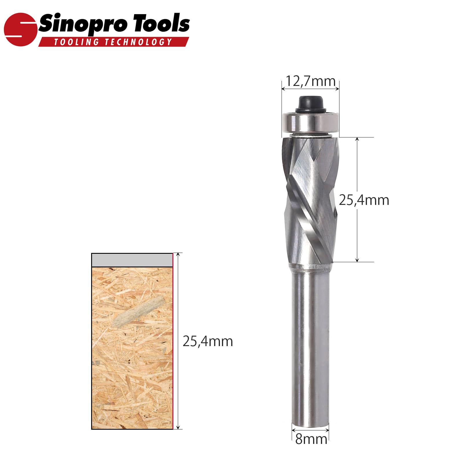 Fresa de enrasado en espiral de 8 mm, longitud de corte 25 mm, ranura en espiral de compresión hacia arriba y hacia abajo, con rodamiento de bolas en la parte superior, fresa en espiral
