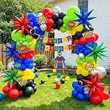 Kit de guirnalda de globos de superhéroe, globos rojos, azules, verdes, amarillos, negros y globos de estrella, calcomanías de tarjetas para temática de cómics, superhéroes, dibujos animados, baby