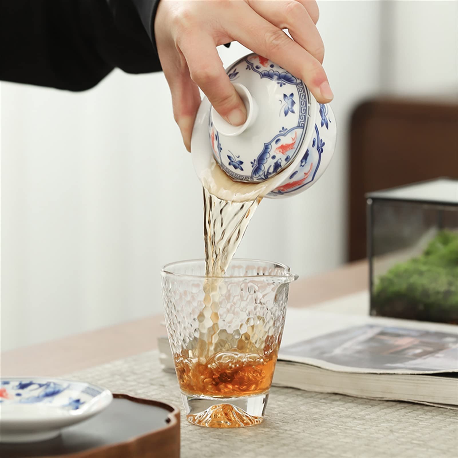 BATLAM Teetasse Blaue und weiße Porzellan-Abdeckschale Teetasse Große einzelne Teeschale Weißes Porzellan-Tee-Set Seladon-Teezubehör (Color : Clear) (Armeegrün)