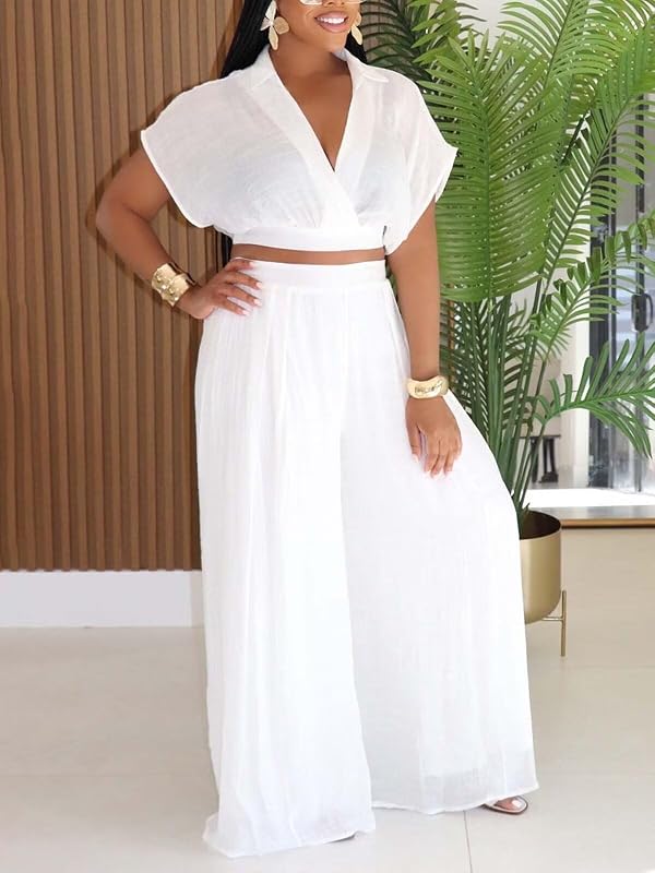 KEYUFANG Women 2 Piece Outfits Crop Top Wide Leg Pants Sets White XL by KEYUFANG - Used condition - Image 2