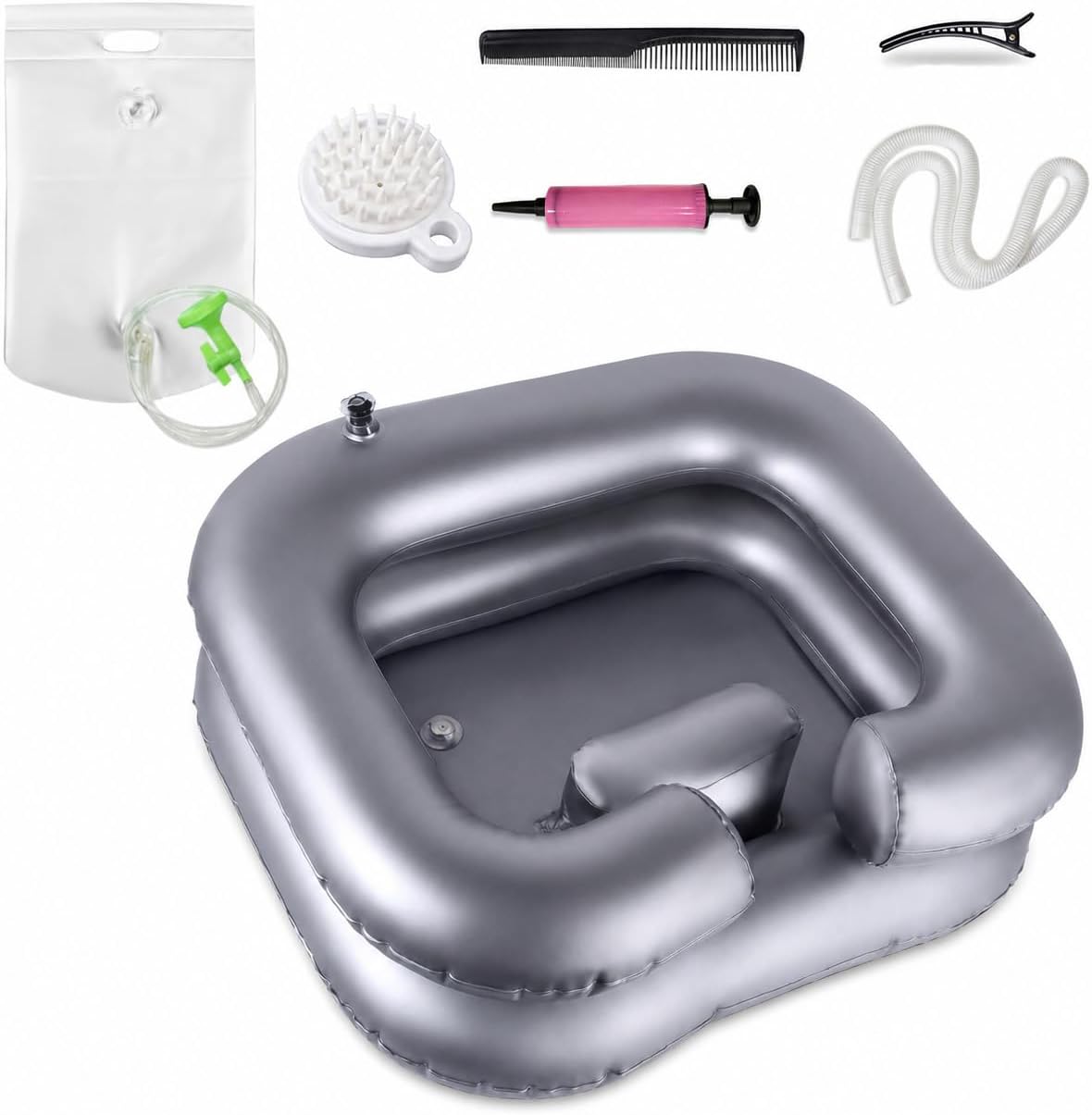 Inflatable Shampoo Basin, Hair Washing Basin at Home Sink Washing, Portable Shampoo Buddy Bowl for Disabled, Bedridden, Injured, Pregnant Woman with 2.5 GL Portable Water Shower Bag（Silvery）
