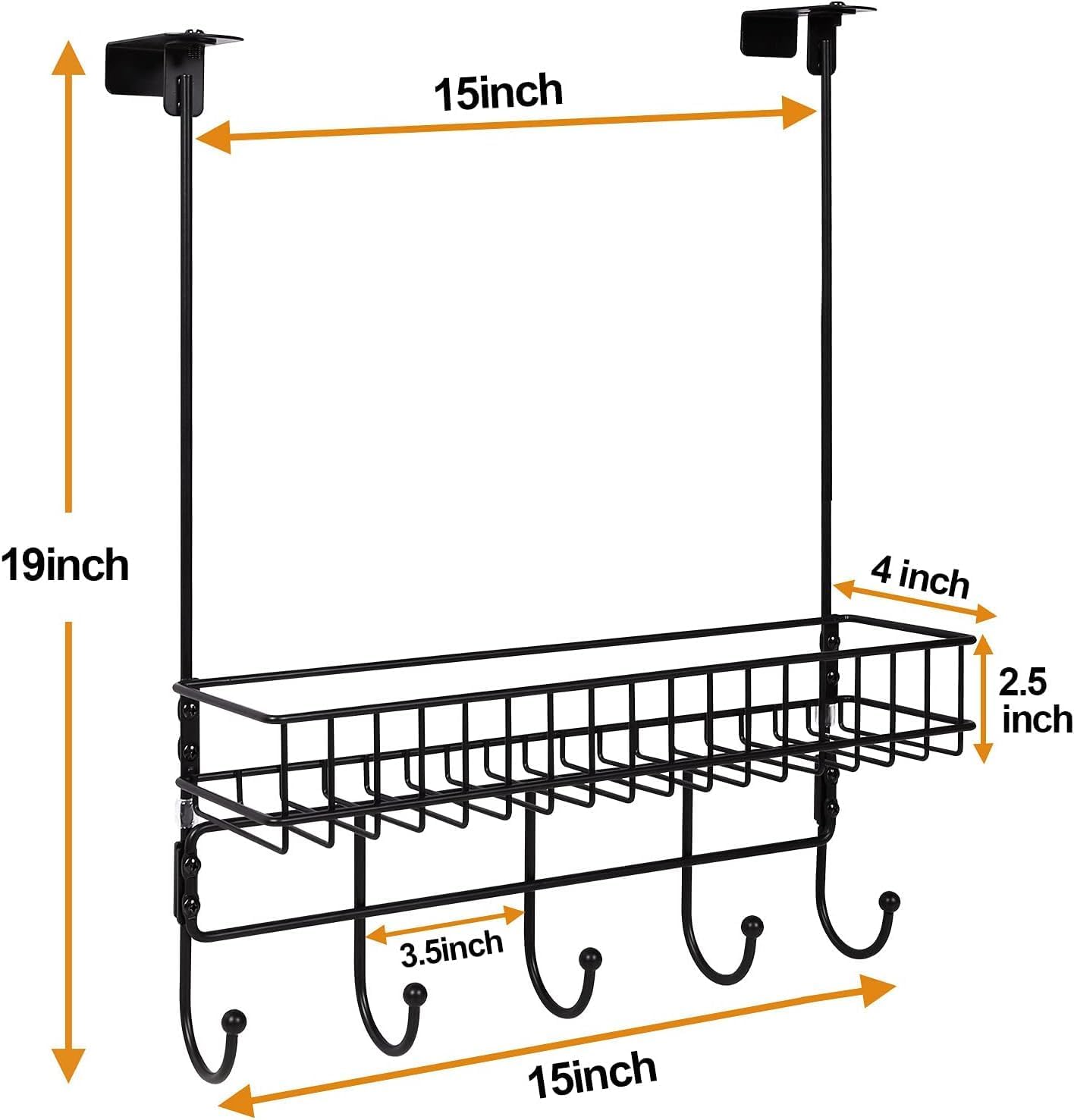 Ezprotekt Coat Rack Spice Rack, Clamp Adjustable Over The Door Hanger with Basket, Bullt-in 5 Hooks Metal Storage Sheif Rustproof for Bathroom Kitchen