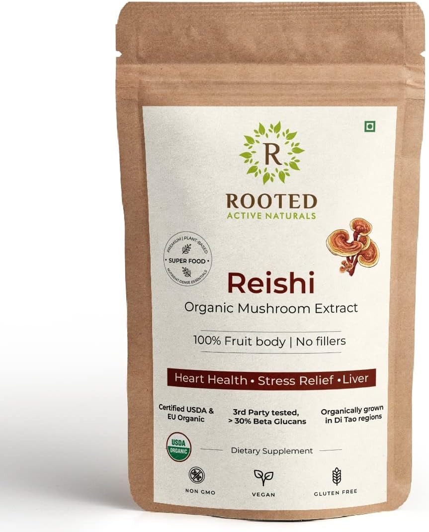 Rooted Actives Organic Reishi Mushroom Extract Powder (120 Gm) | Usda Organic | 30% Beta Glucans