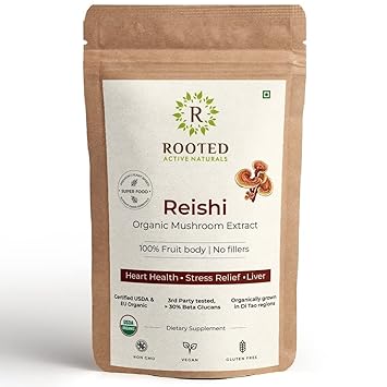 Rooted Reishi mushroom Extract Powder (60 gm) | Heart health, Stress Relief, Liver. USDA Organic, 30% Beta Glucans, Certified organic