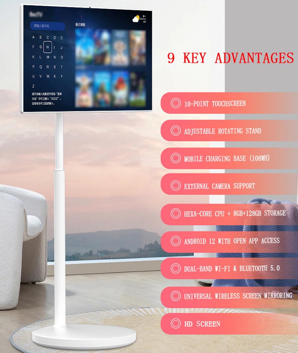 32 cale (81 cm) Przenośny Telewizor z Akumulatorem, Mobilny Telewizor Z 4K Kamerą 8GB + 128GB, Obracany/Przechylany Przenośny Telewizor do Domu, Biura, Szkoły, na Zewnątrz