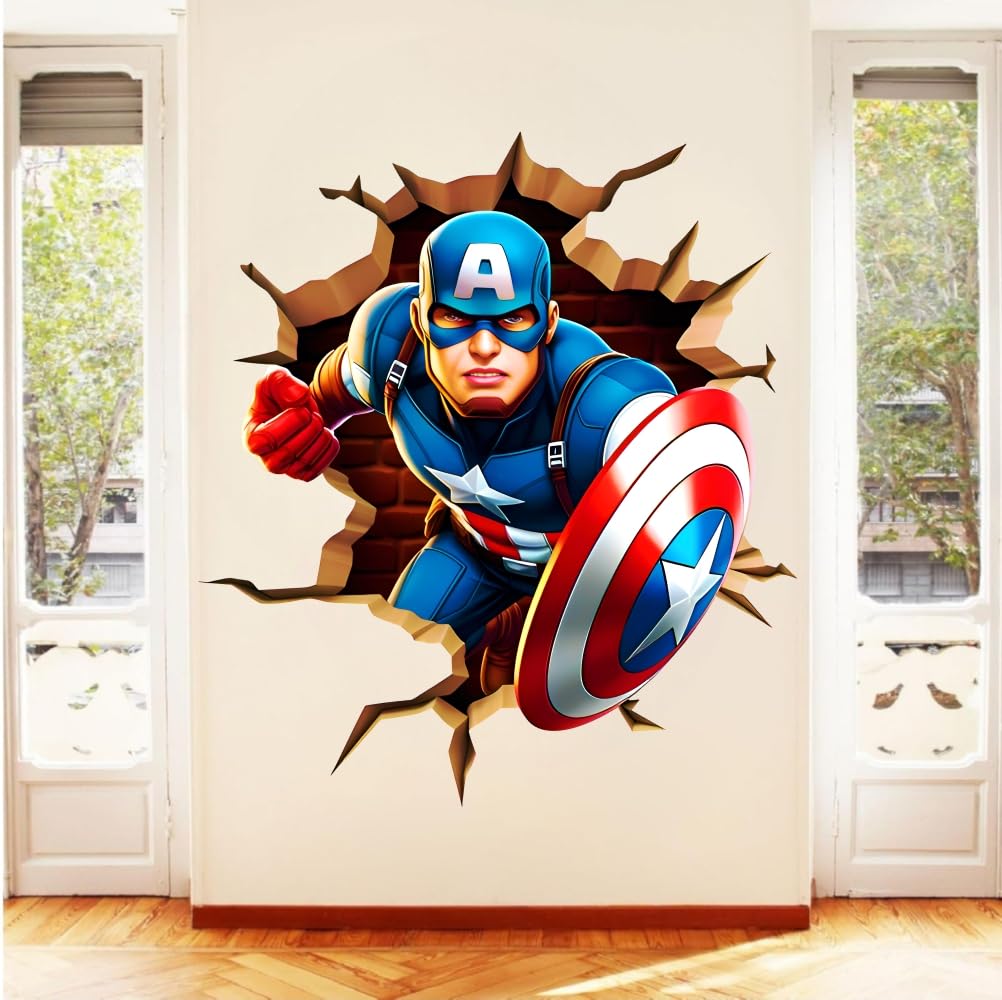 Techgifti 3D Captain America Wall Sticker Decal – Superhero Breakthrough PVC Vinyl Wall Art for Kids Room (Size -46 CM X 52)
