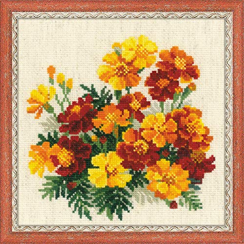 Image of RIOLIS - Marigolds 1556, Floral Cross Stitch Kits 7.75 inchX7.75 inch, Cross Stitch Kits for Beginners & Advanced, Crossstitching Kits Adult, Counted Stitching Kits, Flowers Embroidery Kit