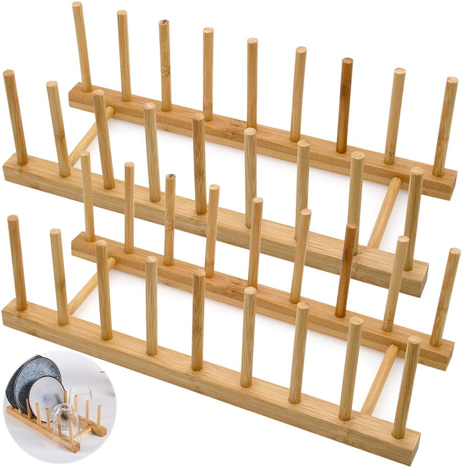 LZYMSZ Set of 2 Bamboo Wooden Dish Rack, Plate Rack Stand Pot Lid Holder, Kitchen Cabinet Organizer for Bowl, Cup, Cutting Board and More