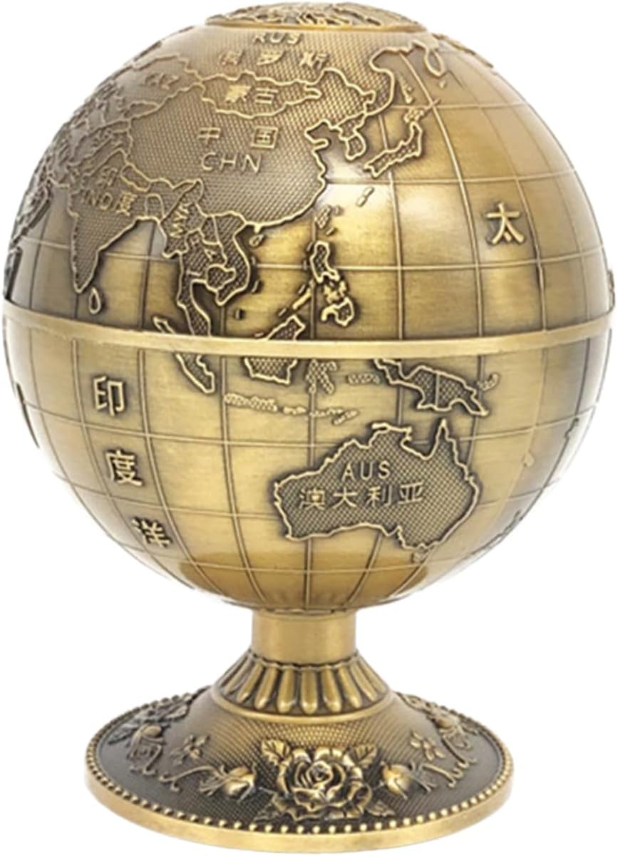 ibasenice Sphere Shape Toothpick Holder Push-type Dispenser with Lid Retro Copper Toothpick Container 360° Rotating Globe Design for Home Kitchen Dining