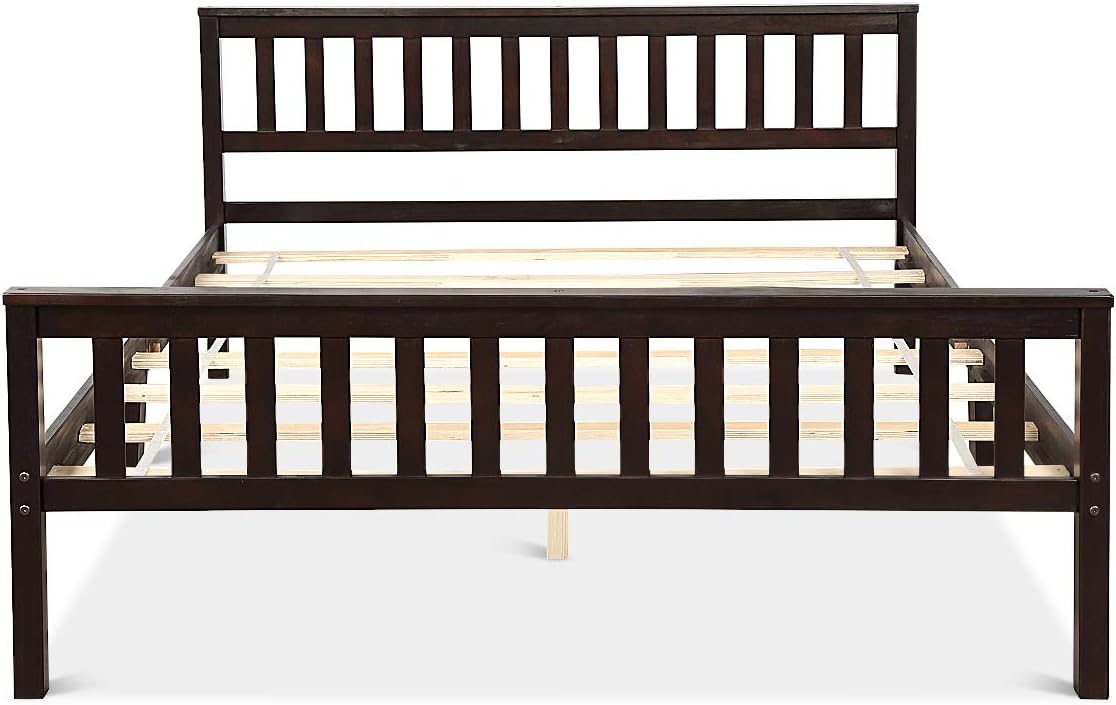 Giantex Queen Platform Bed Frame, Deluxe Solid Wood Bed Frame with Headboard and Footboard, Strong Wood Slats Support Mattress Foundation, No Box Spring Needed, Bed Frame Queen Size, Espresso