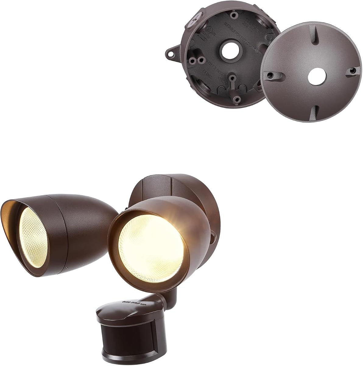 LEONLITE Paquete de luces de seguridad LED de atardecer a amanecer, caja de salida redonda, 1 paquete de luces de inundación con sensor de movimiento de 20 W, 2 cabezales, 3000 K, bronce y 1 paquete de seis cajas eléctricas redondas para exteriores de 1/2 pulgadas, color marrón