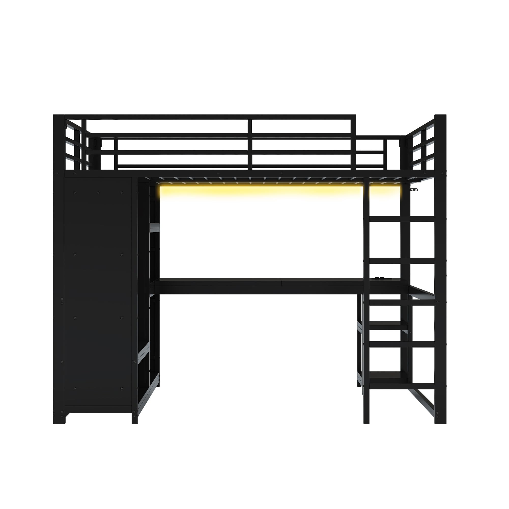 140x200 Cama alta de metal para juegos con LED, escritorio, armario abierto y estantes, Negro (140x200cm)