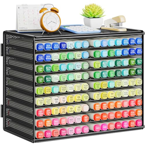 Marbrasse Mesh Marker Organizer Metal Desktop Storage Rack for 126 Markers Pens Pencils 9 Tier Marker Holder for Office Classroom & Home Art Supplies(Black)