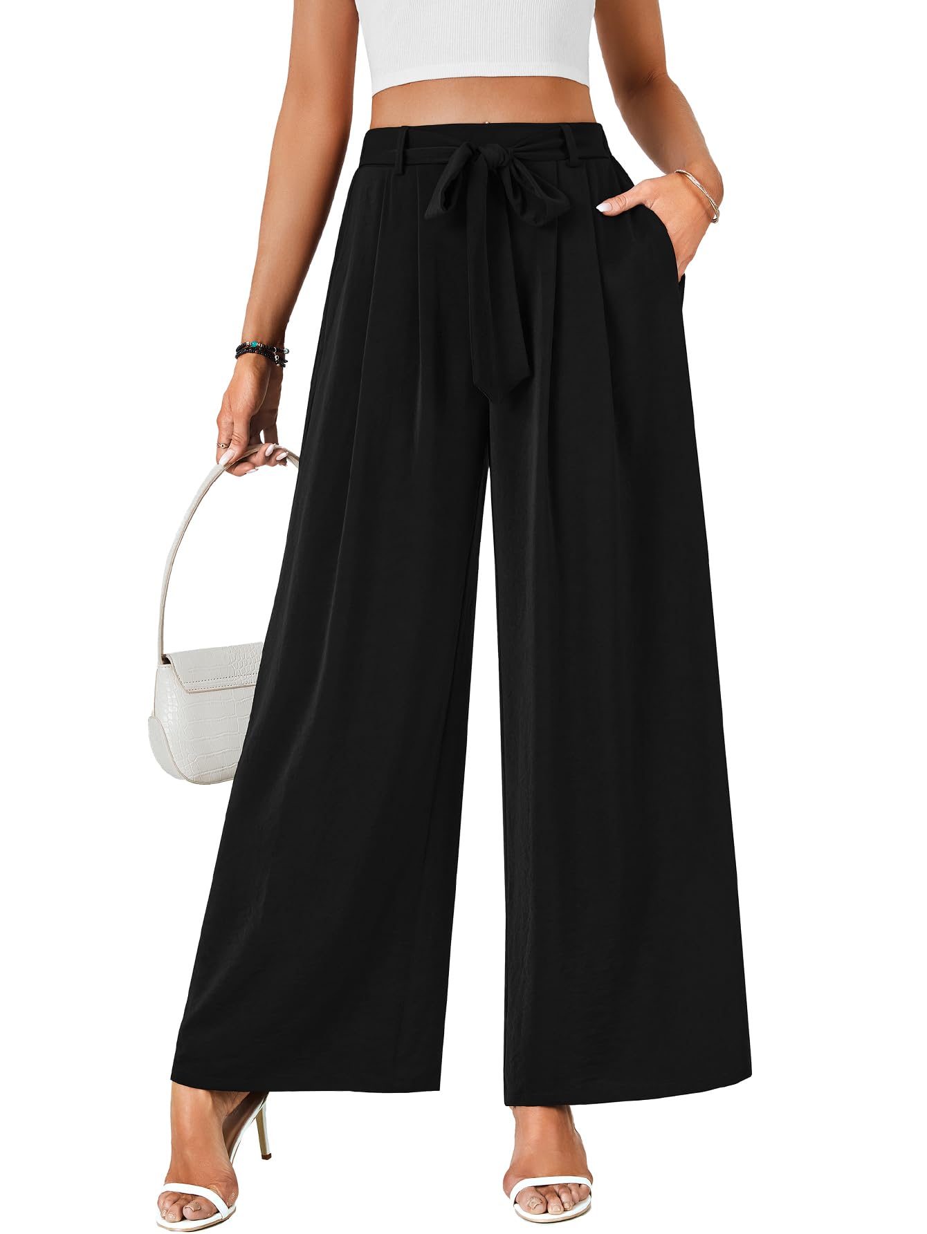 LYANER Womens Casual Loose Elastic Tie Knot Waist Wide Leg Pants Trousers with Pockets