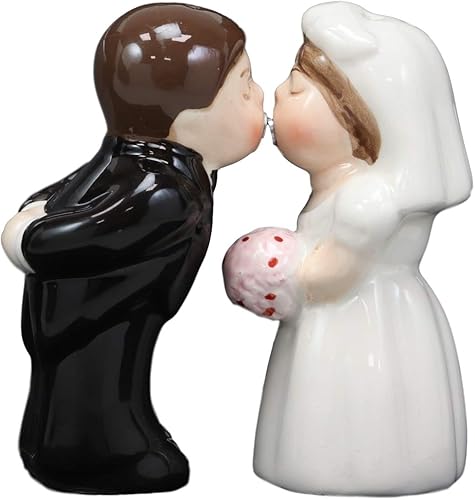 Ebros Gift Romántico día de la boda besando novia y novio magnético salero y pimentero conjunto de figuras de cerámica fiesta cocina coleccionable,